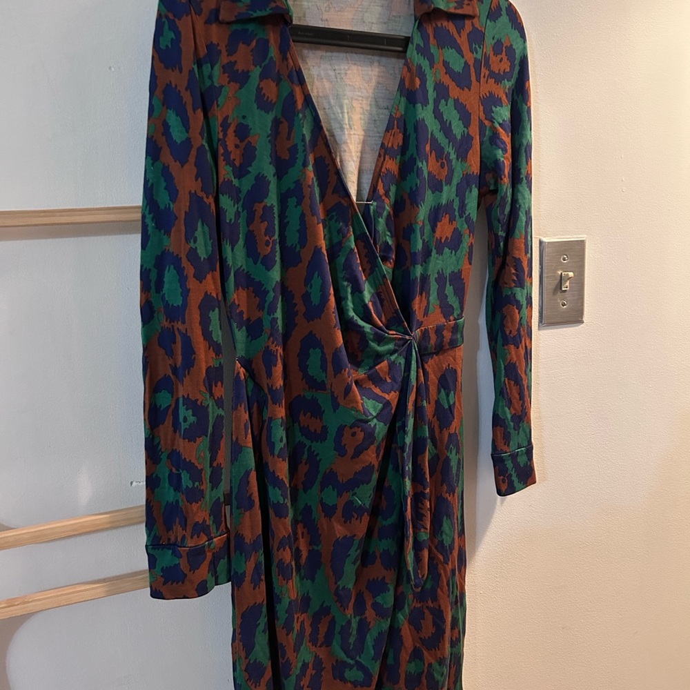Diane Von Furstenberg Green and Brown Midi Wrap Dress